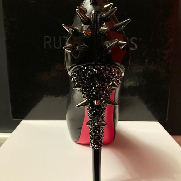 RUTHIE DAVIS Black Spikette Platform Peep-Toe Swarovski Detail Heel, sz 38 - Picture 4 of 7